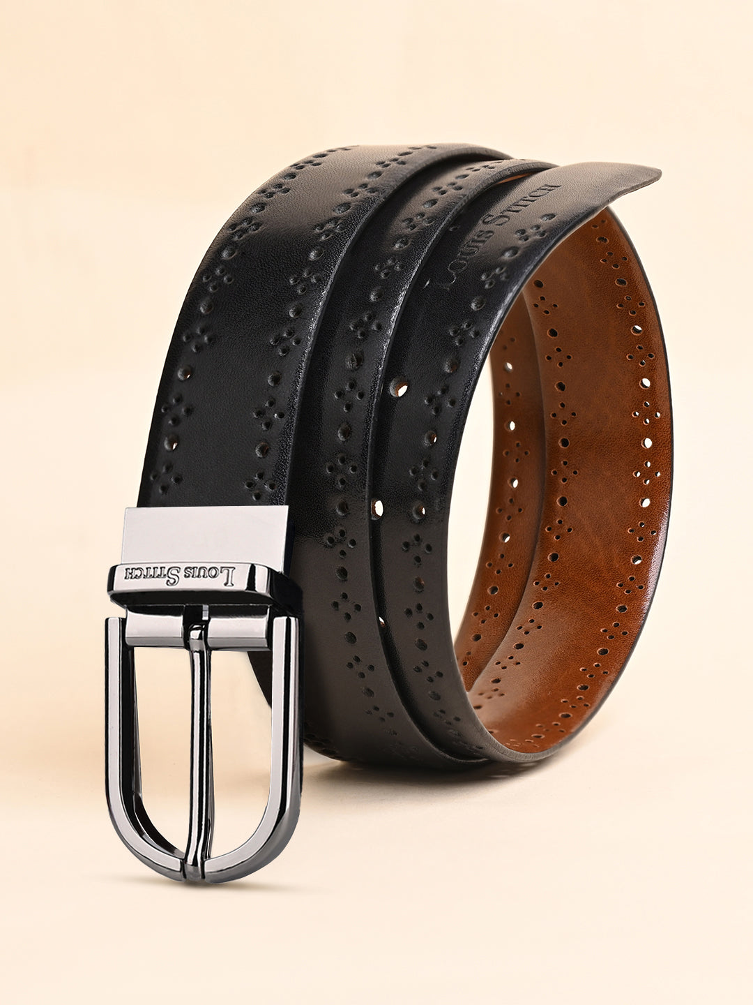 Handcrafted Spanish Leather Brogue Punch Reversible Belt For Men