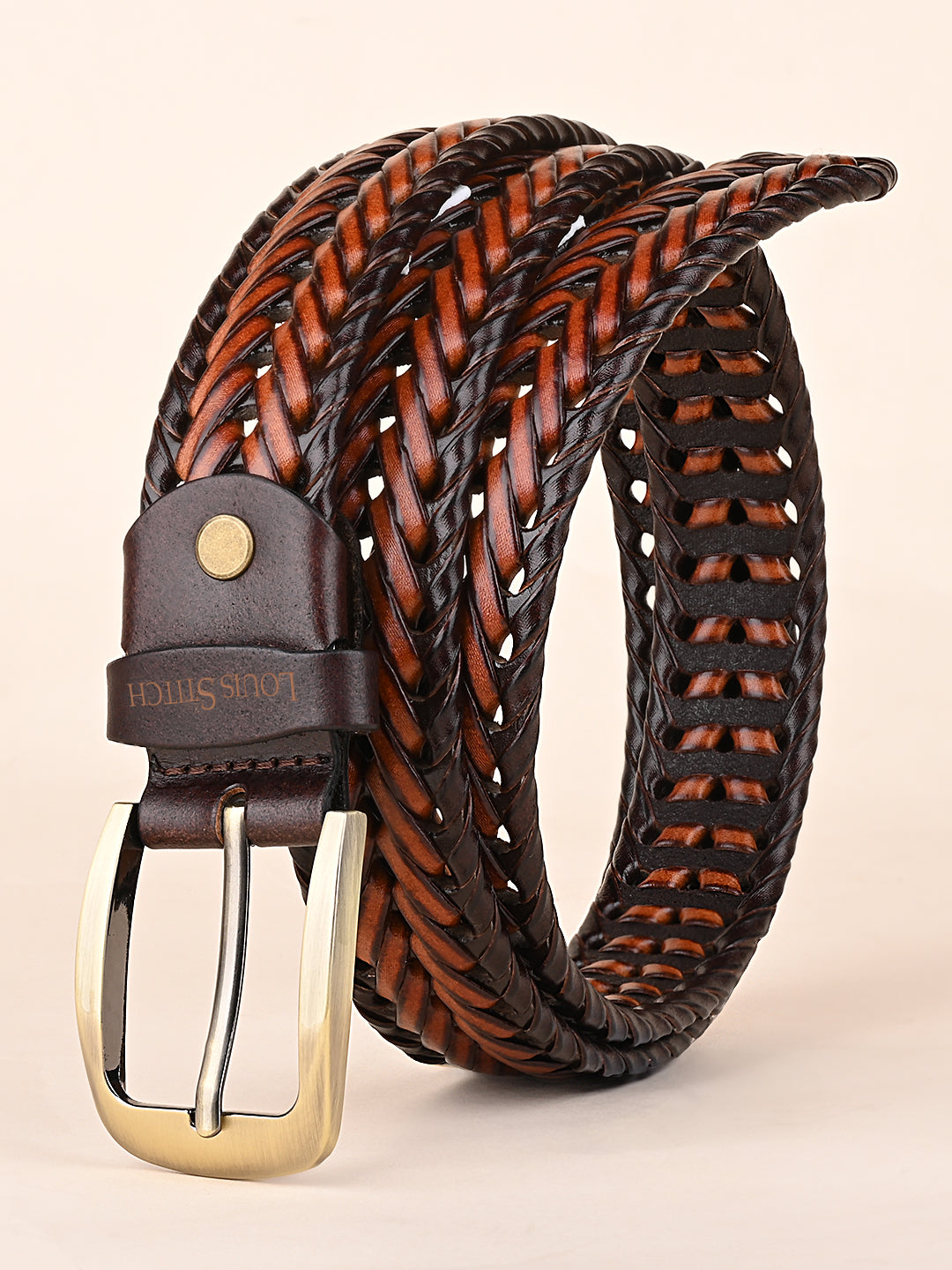 Men's Weaved Leather Belt Casual Belts for Men Spanish Leather Brass Buckle 1.5 Inch (35mm)