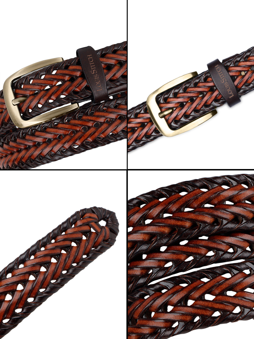 Men's Weaved Leather Belt Casual Belts for Men Spanish Leather Brass Buckle 1.5 Inch (35mm)