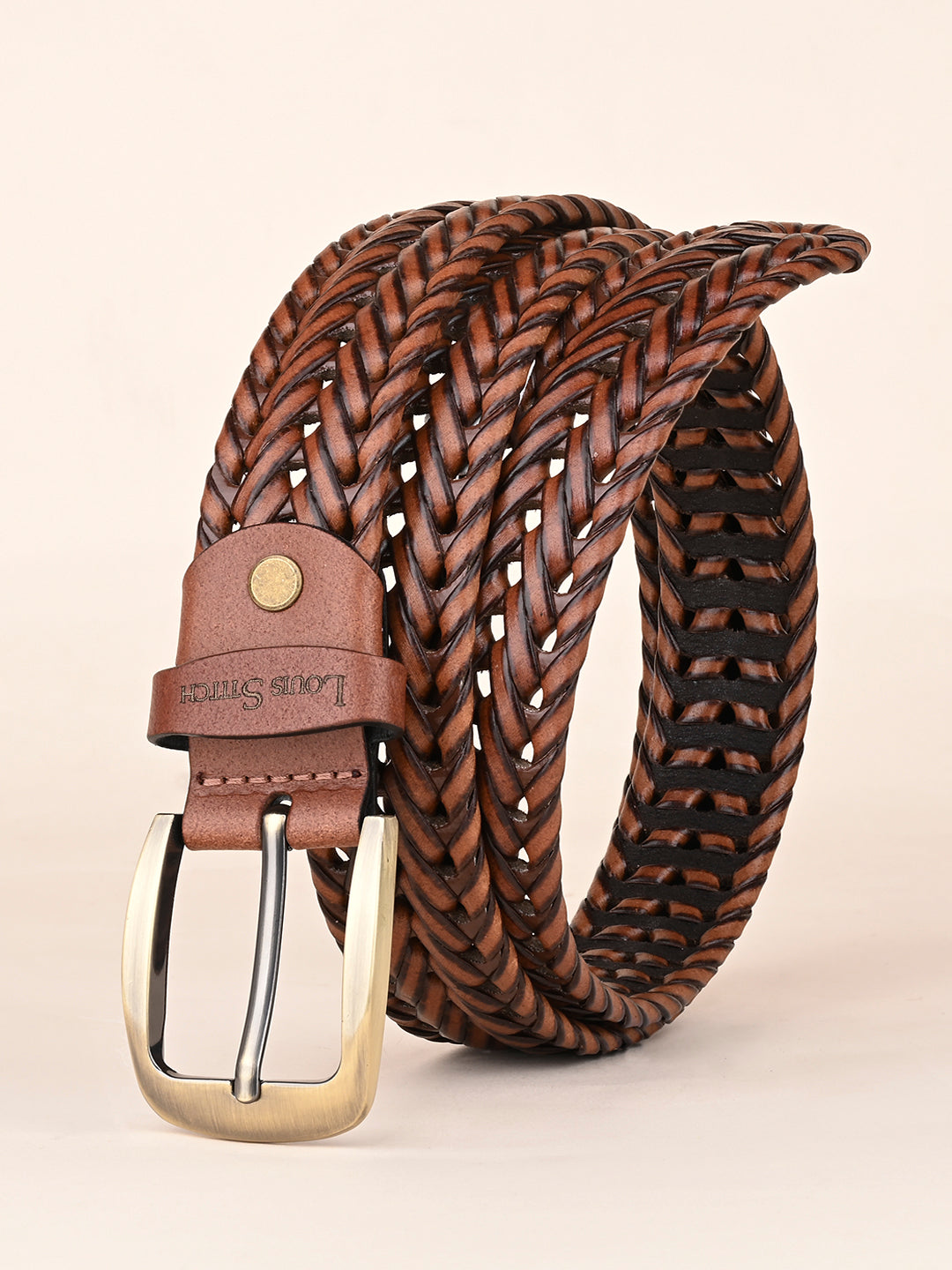 Men's Weaved Leather Belt Casual Belts for Men Spanish Leather Brass Buckle 1.5 Inch (35mm)