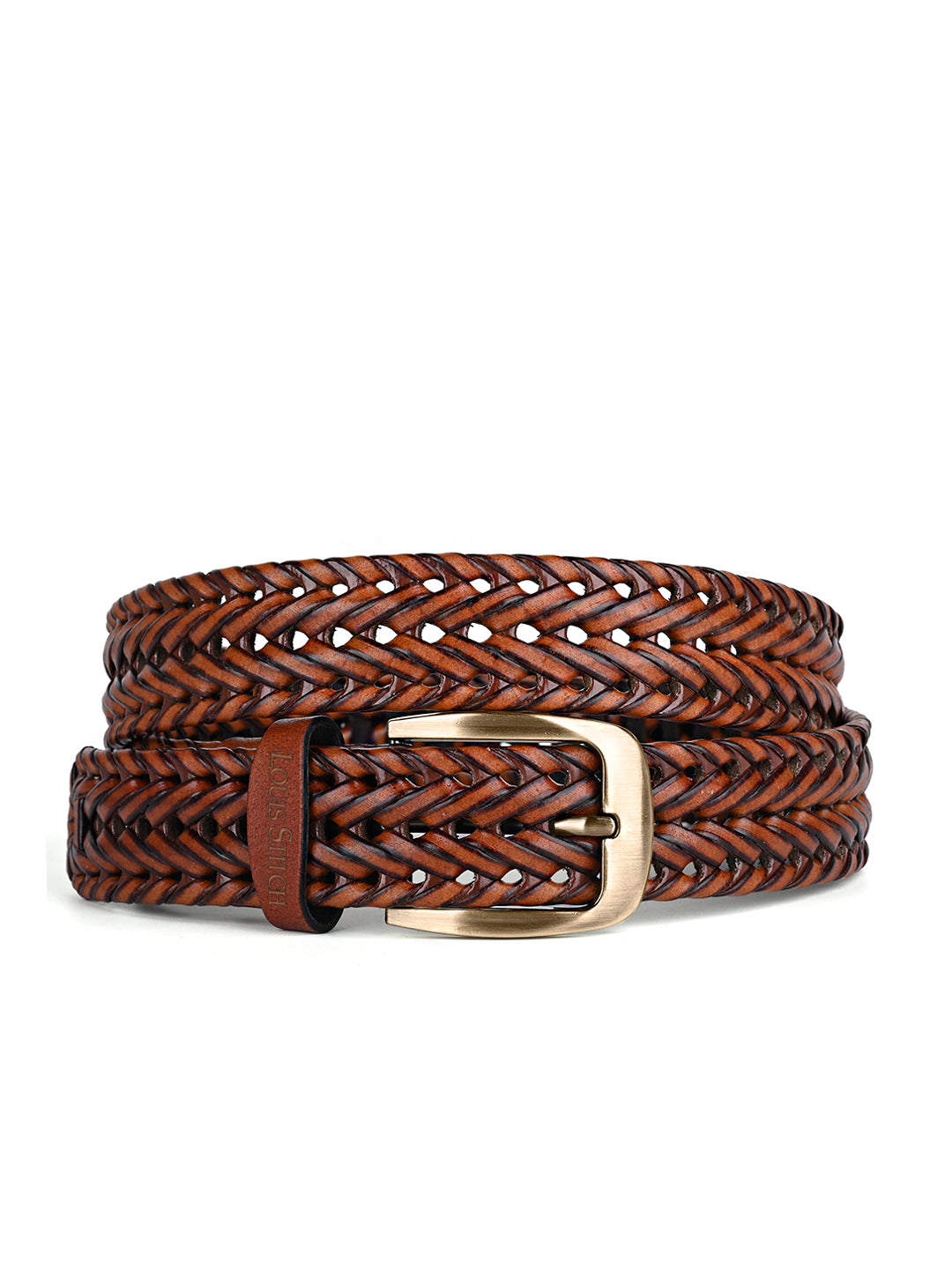 Men's Weaved Leather Belt Casual Belts for Men Spanish Leather Brass Buckle 1.5 Inch (35mm)