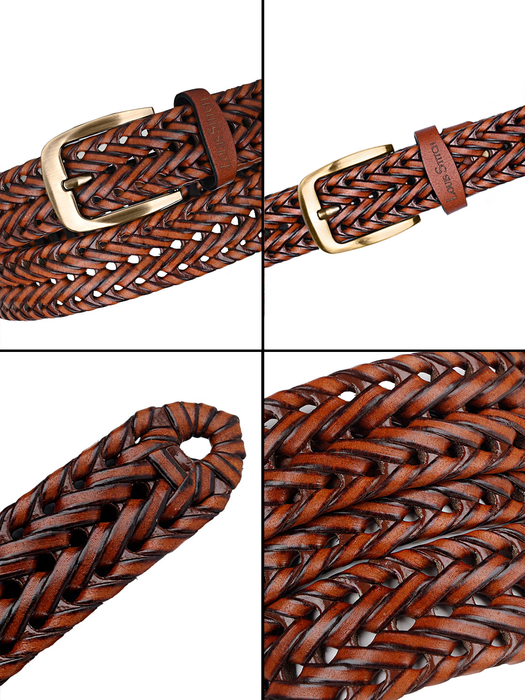 Men's Weaved Leather Belt Casual Belts for Men Spanish Leather Brass Buckle 1.5 Inch (35mm)