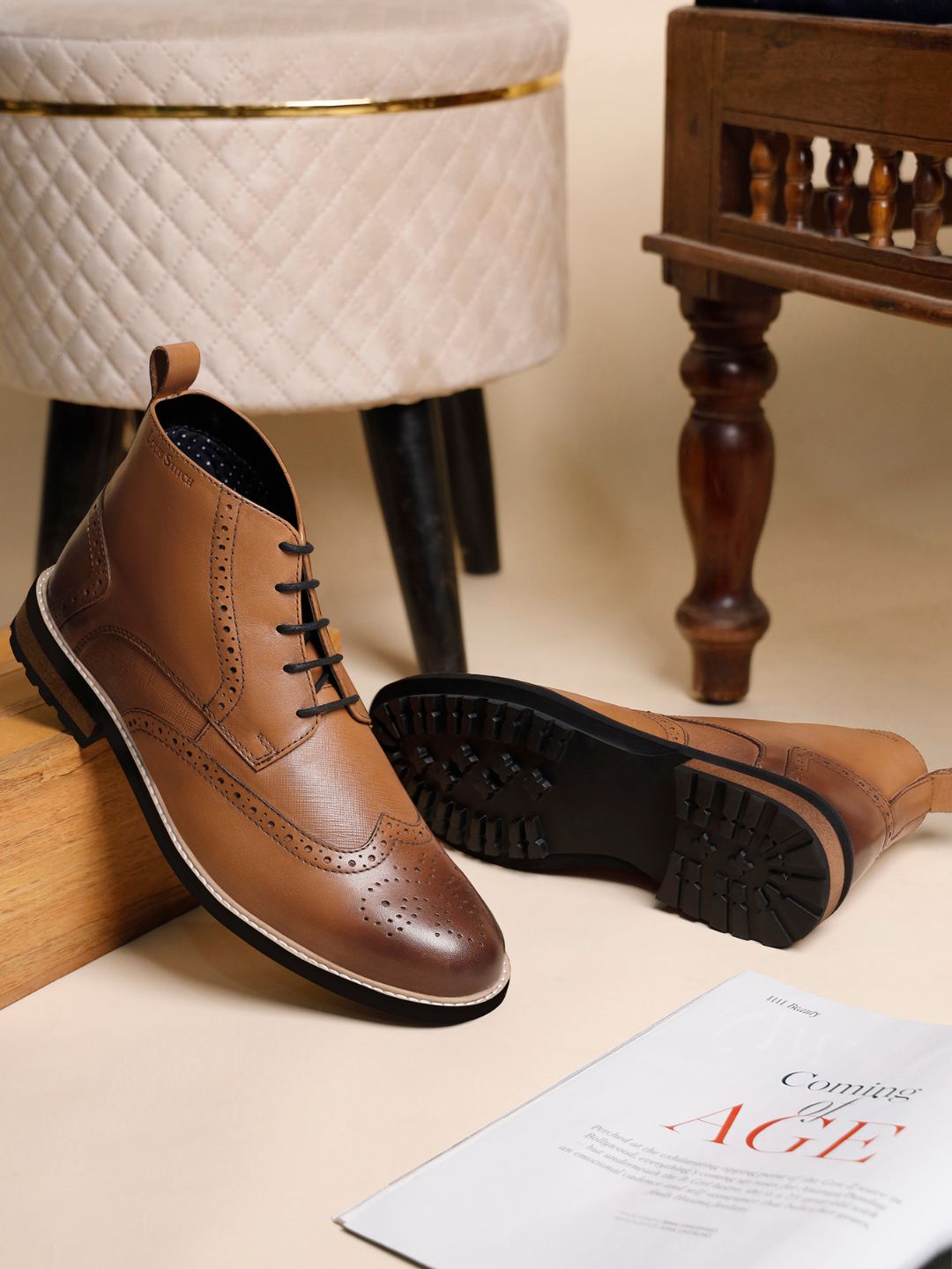 Tan Egyptian Crust Leather Brogue Lace Up Chukka Boots