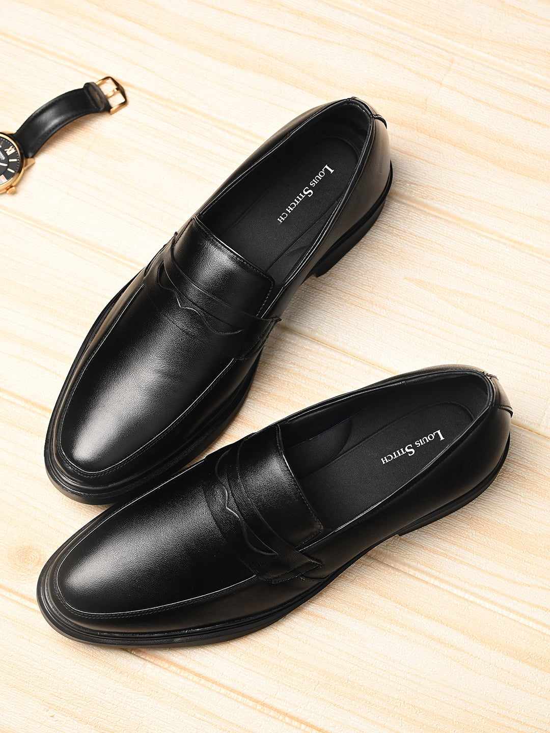 Jet Black Leather Slip-On Lightweight Formal Moccasins