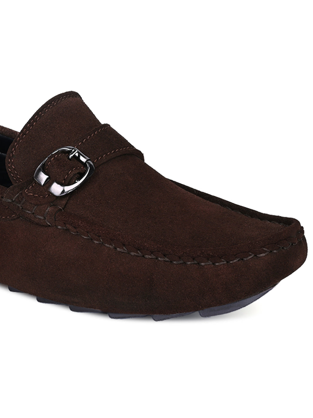 Brunette Brown Handmade Italian Suede Leather Solid Penny Loafers with Buckle