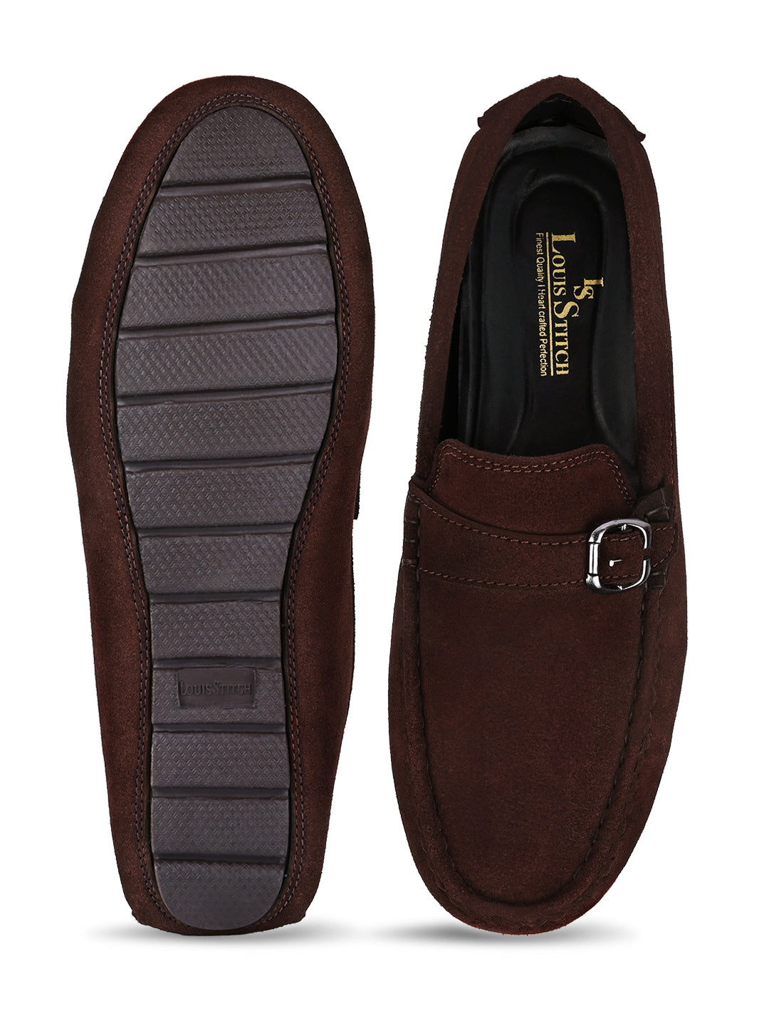 Brunette Brown Handmade Italian Suede Leather Solid Penny Loafers with Buckle