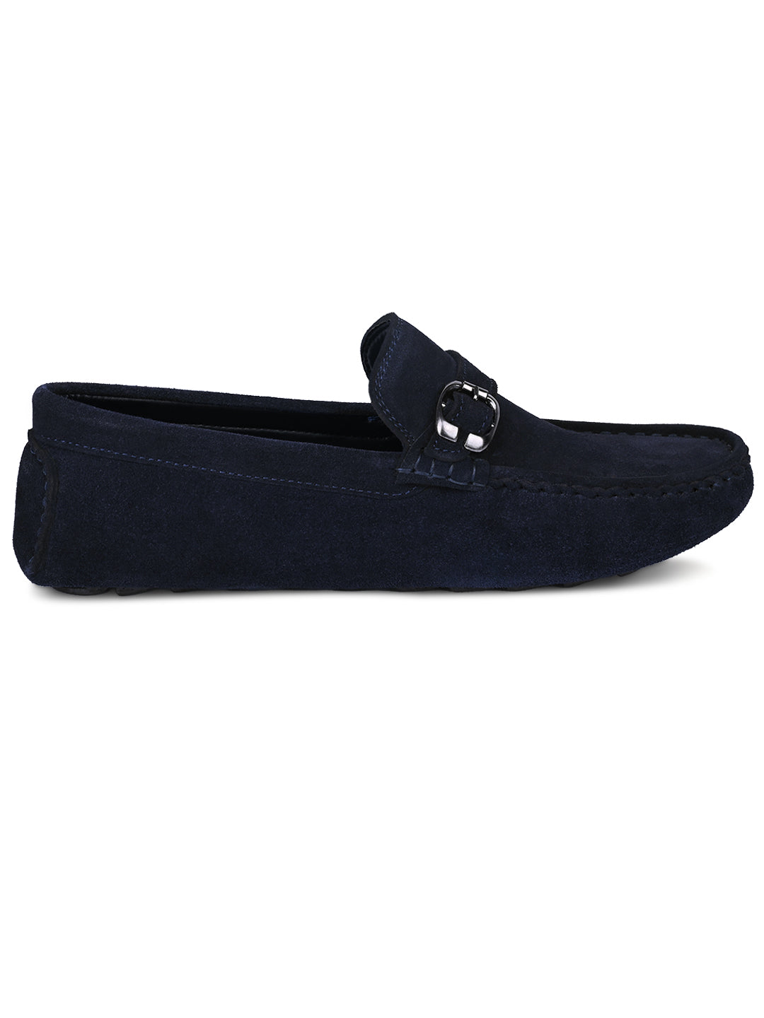 Federal Blue Handmade Italian Suede Leather Solid Penny Loafers with Buckle