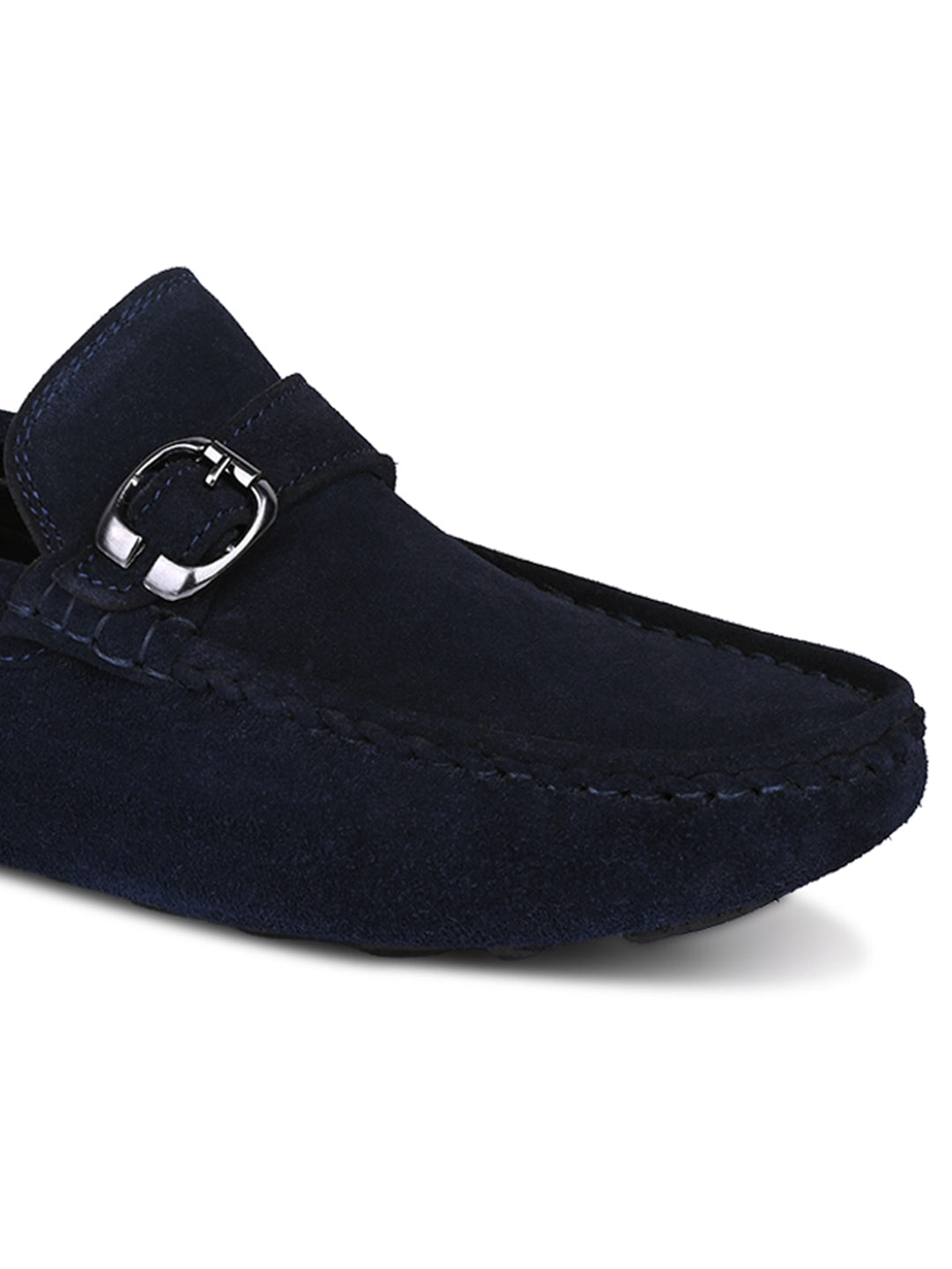 Federal Blue Handmade Italian Suede Leather Solid Penny Loafers with Buckle