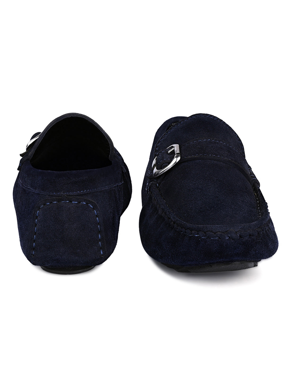 Federal Blue Handmade Italian Suede Leather Solid Penny Loafers with Buckle