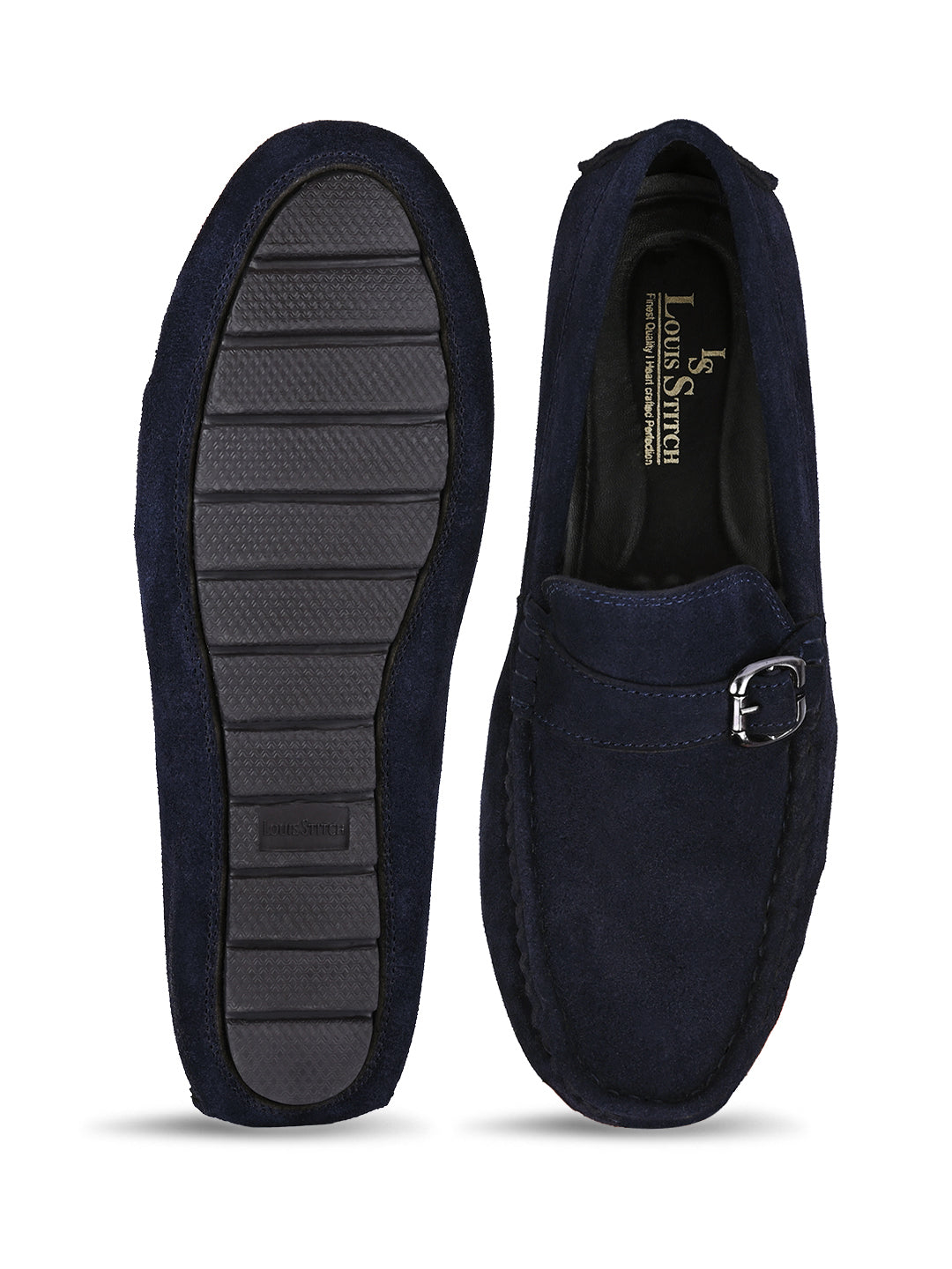 Federal Blue Handmade Italian Suede Leather Solid Penny Loafers with Buckle