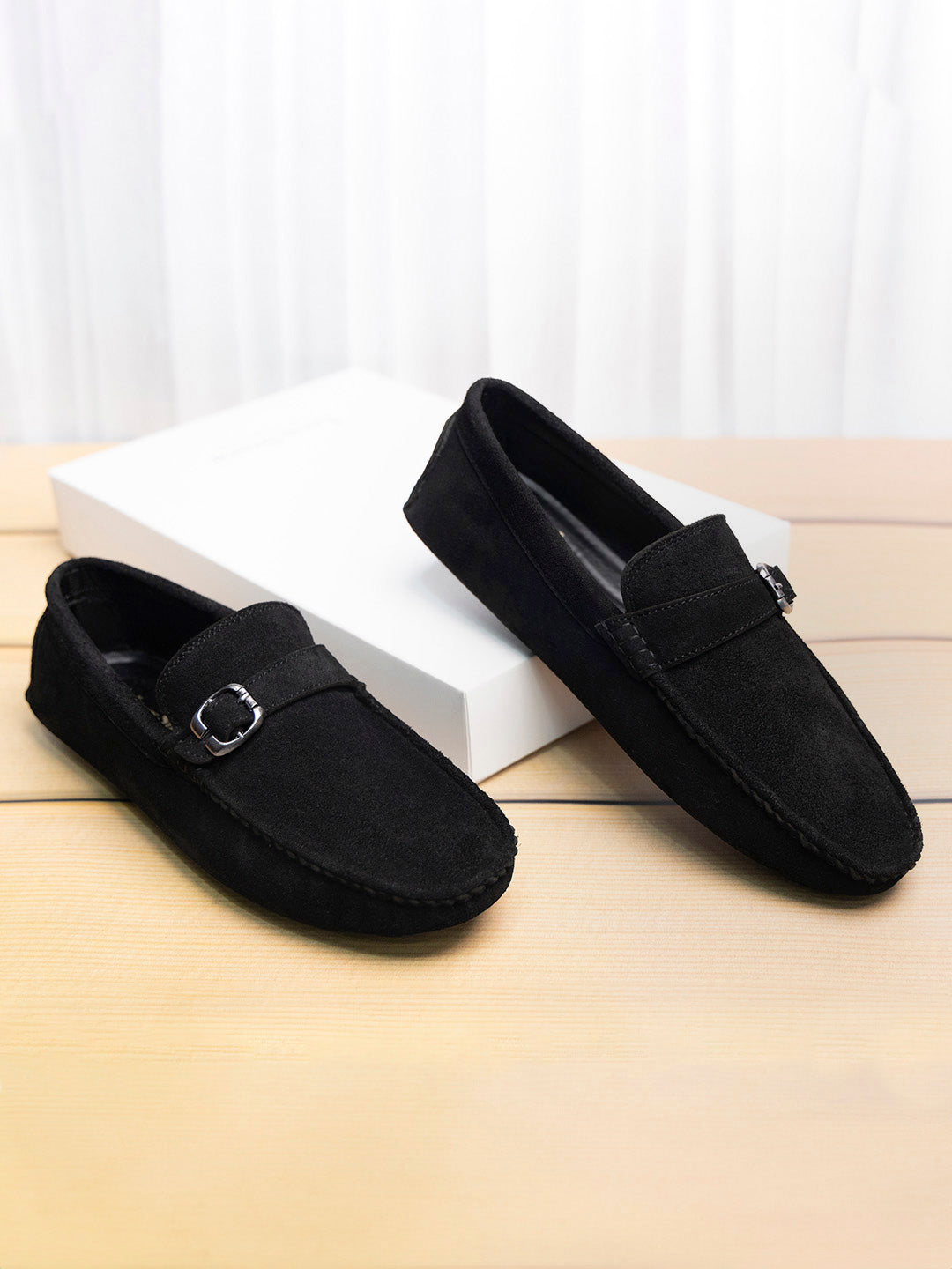 Jet Black Handmade Italian Suede Leather Solid Penny Loafers with Buckle