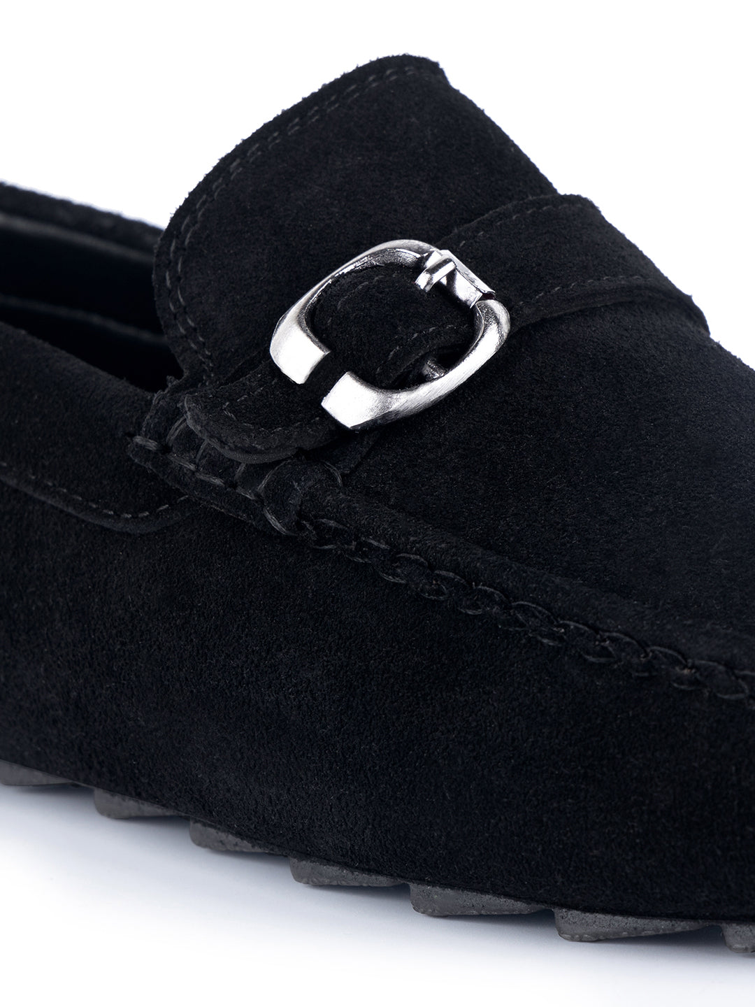 Jet Black Handmade Italian Suede Leather Solid Penny Loafers with Buckle