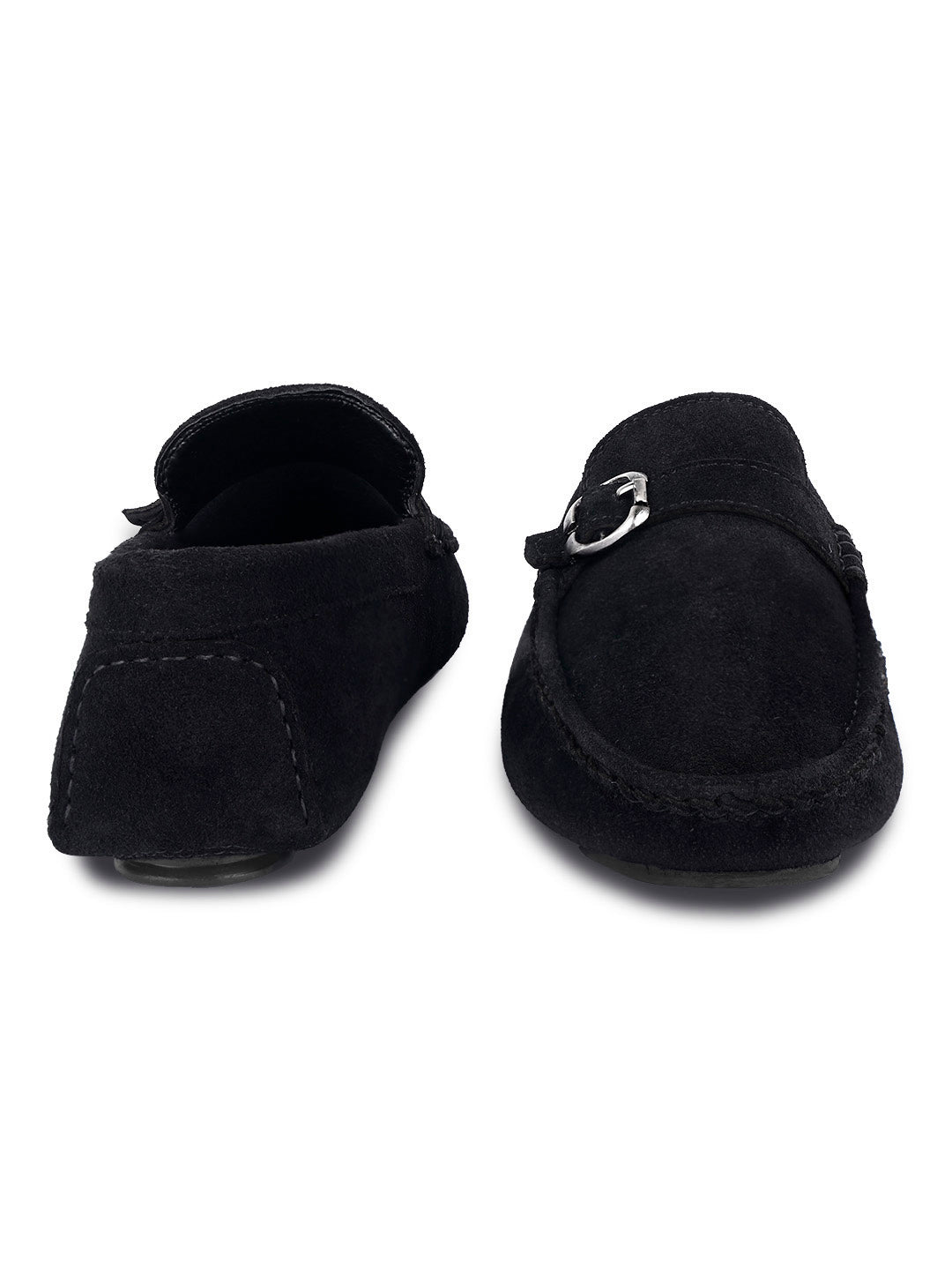 Jet Black Handmade Italian Suede Leather Solid Penny Loafers with Buckle