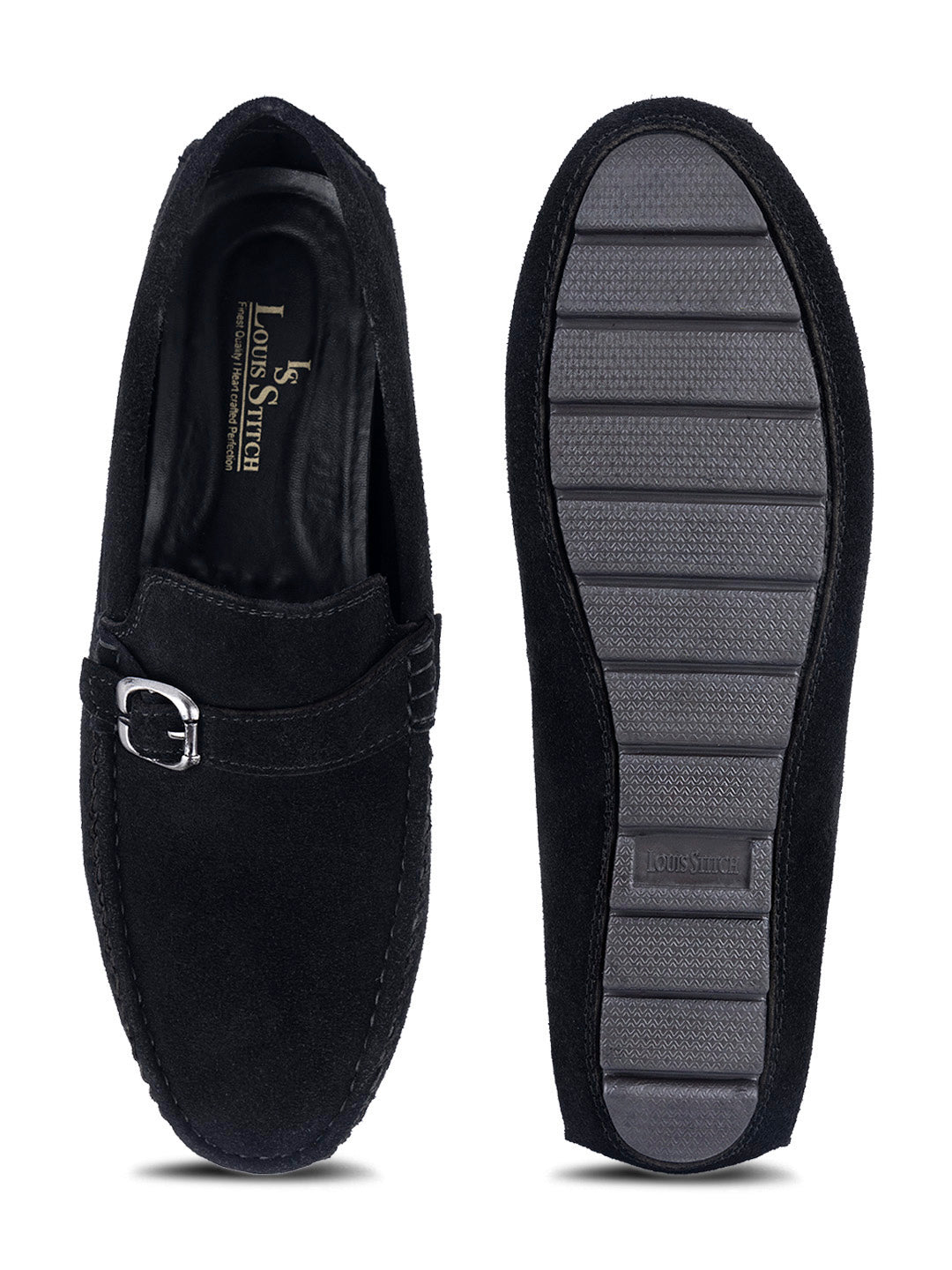 Jet Black Handmade Italian Suede Leather Solid Penny Loafers with Buckle