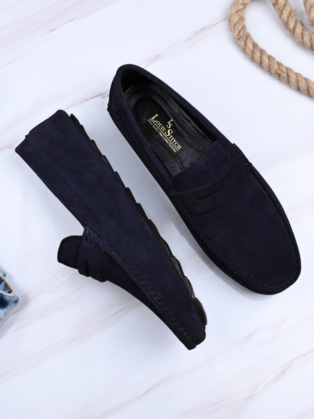 Federal Blue Handmade Italian Suede Leather Penny Loafers