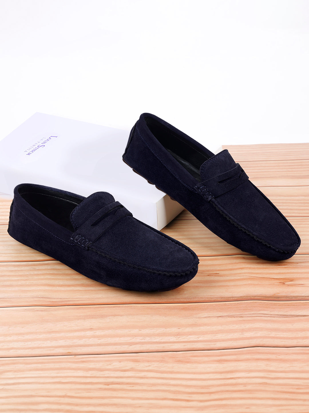 Federal Blue Handmade Italian Suede Leather Solid Penny Loafers