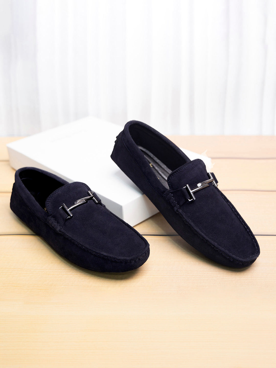 Federal Blue Handmade Italian Suede Leather Penny Loafers with Designer Buckle
