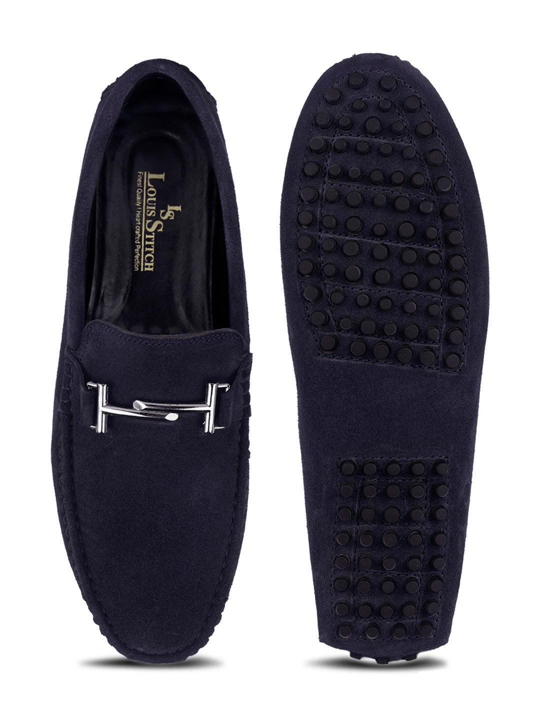 Federal Blue Handmade Italian Suede Leather Penny Loafers with Designer Buckle