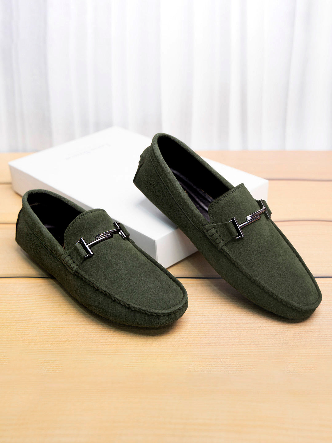 Seaweed Green Handmade Italian Suede Leather Penny Loafers with Designer Buckle