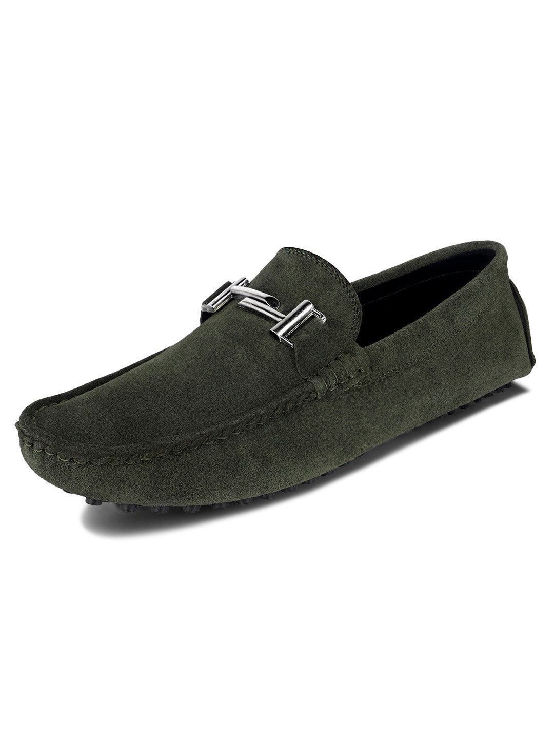 Seaweed Green Handmade Italian Suede Leather Penny Loafers with Designer Buckle