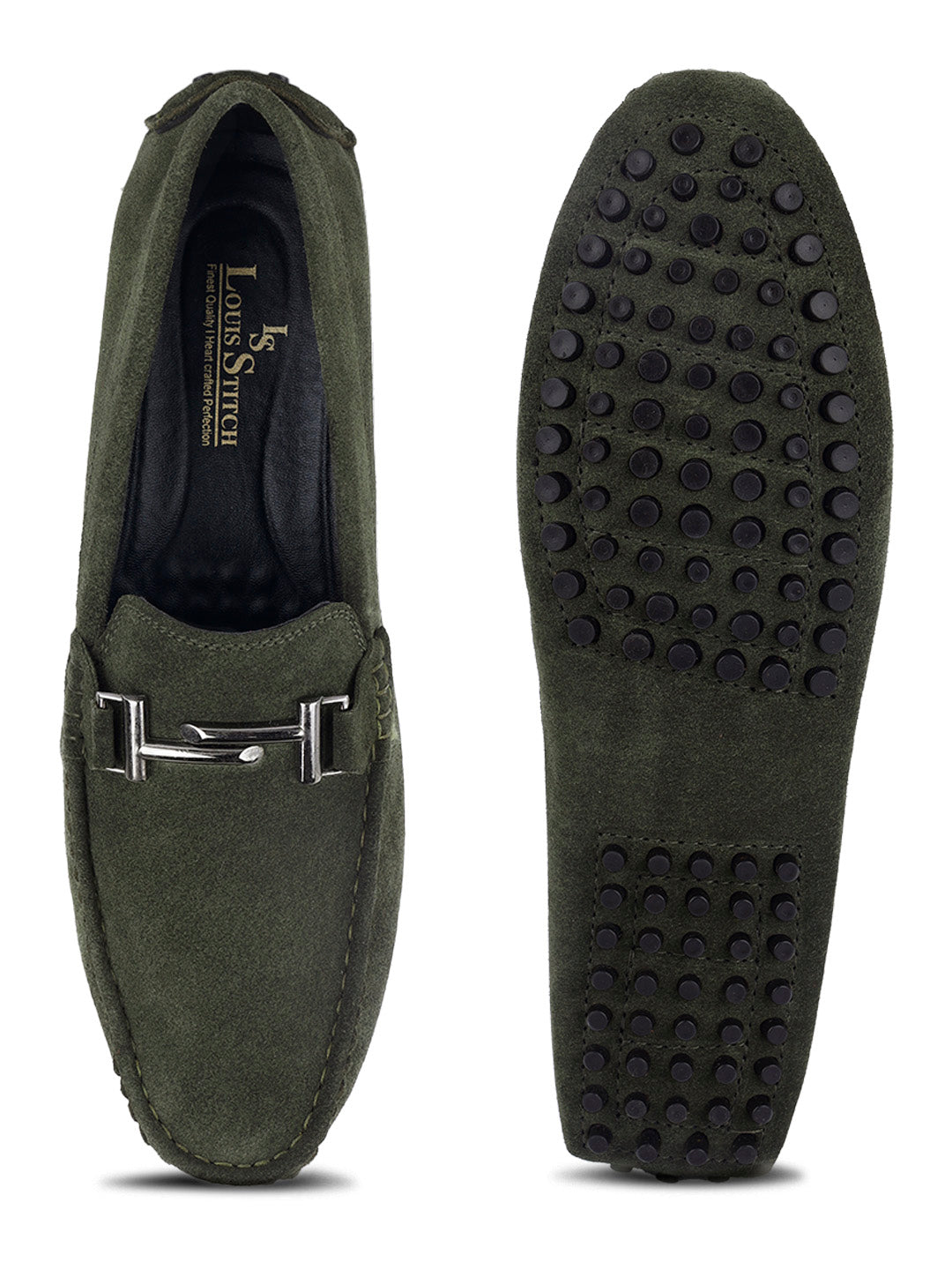 Seaweed Green Handmade Italian Suede Leather Penny Loafers with Designer Buckle