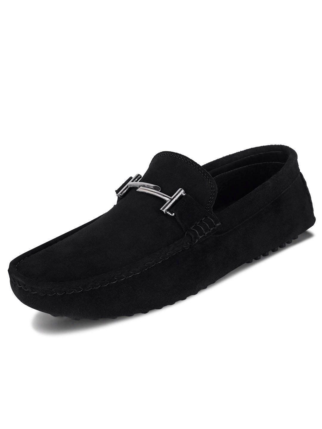 Jet Black Handmade Italian Suede Leather Penny Loafers with Designer Buckle