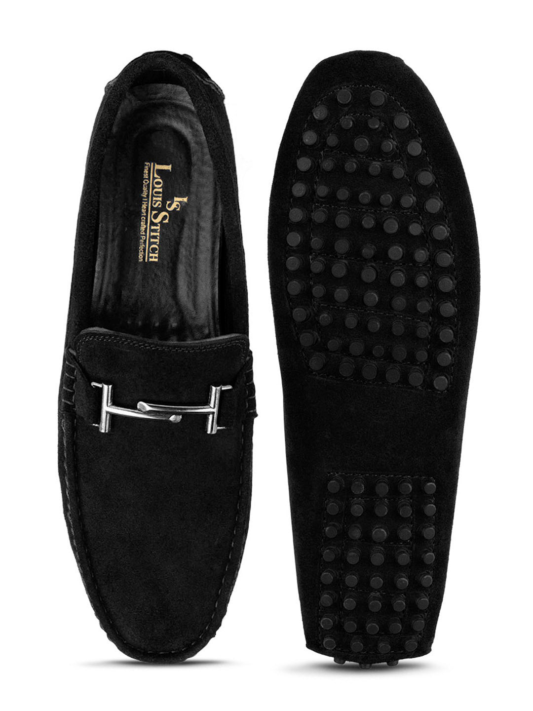 Jet Black Handmade Italian Suede Leather Penny Loafers with Designer Buckle