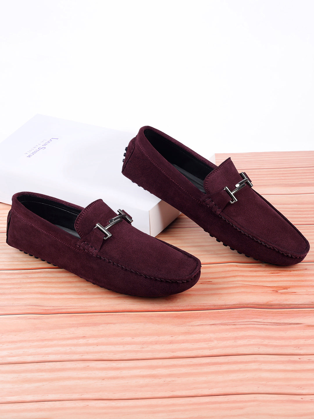Rosewood Handmade Italian Suede Leather Penny Loafers with Designer Buckle