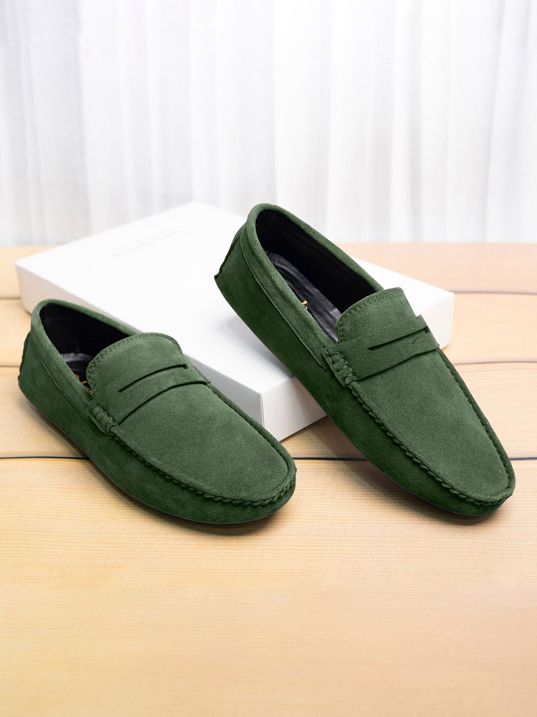 Seaweed Green Handmade Italian Suede Leather Solid Penny Loafers