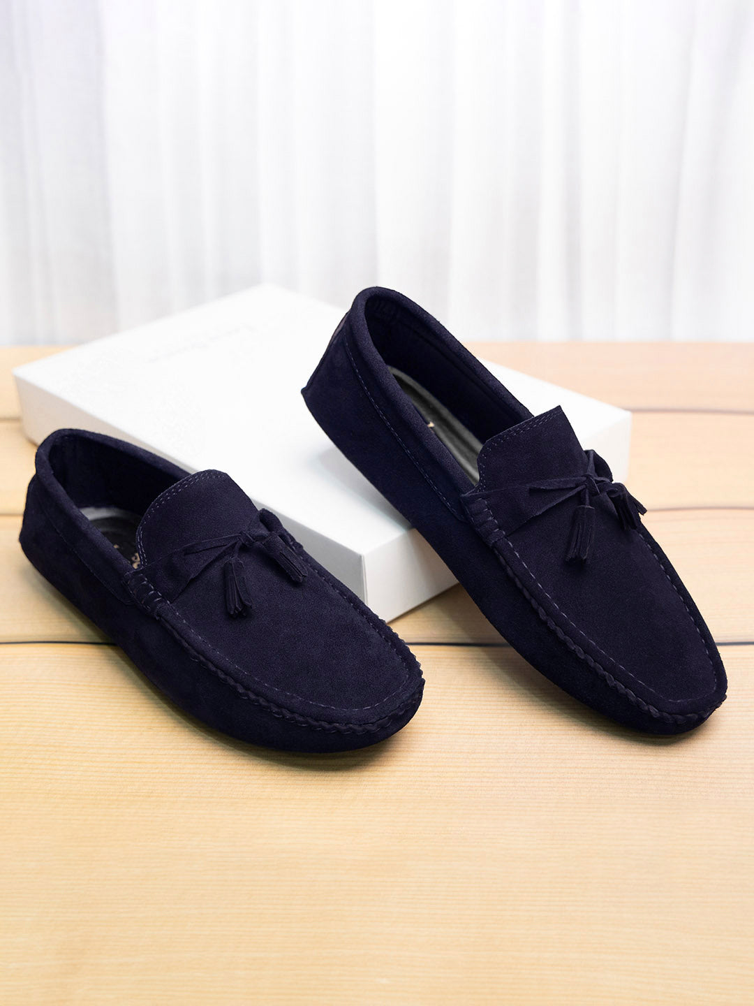Federal Blue Handmade Italian Suede Leather Penny Tassel Loafers