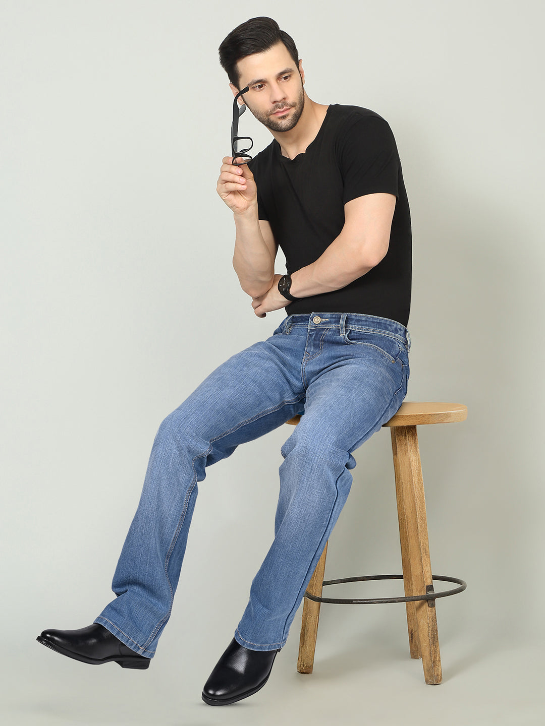 Men's Blue Mid Rise Light Faded Bootcut Fit Jeans