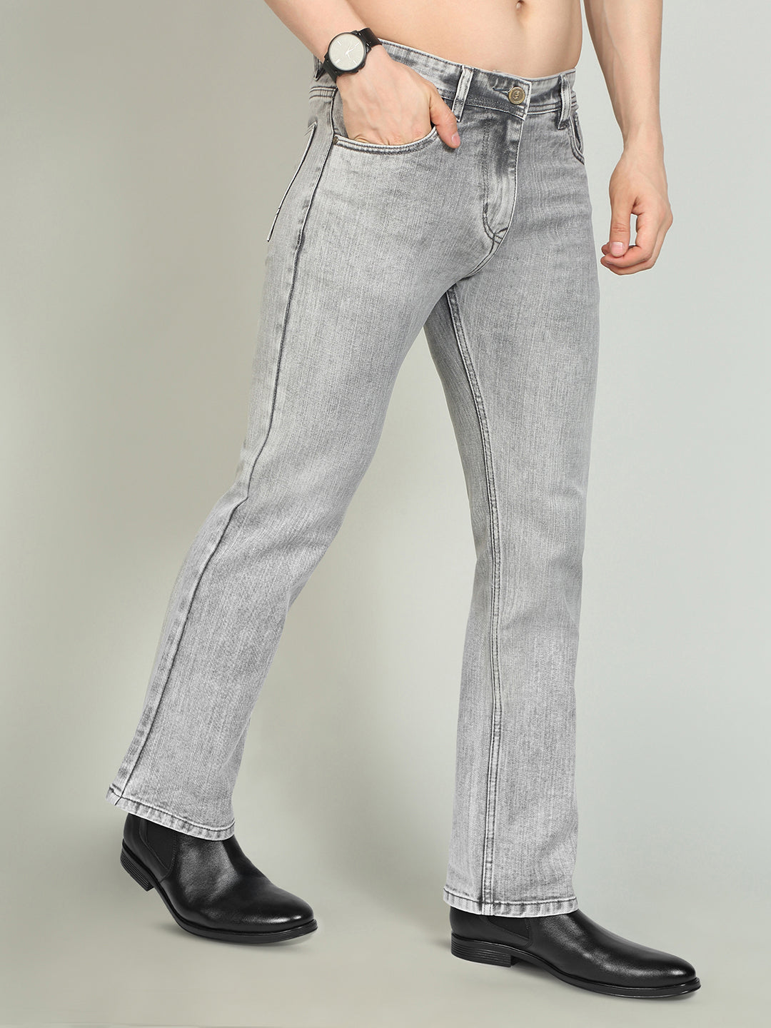 Men's Grey Mid Rise Light Faded Bootcut Fit Jeans