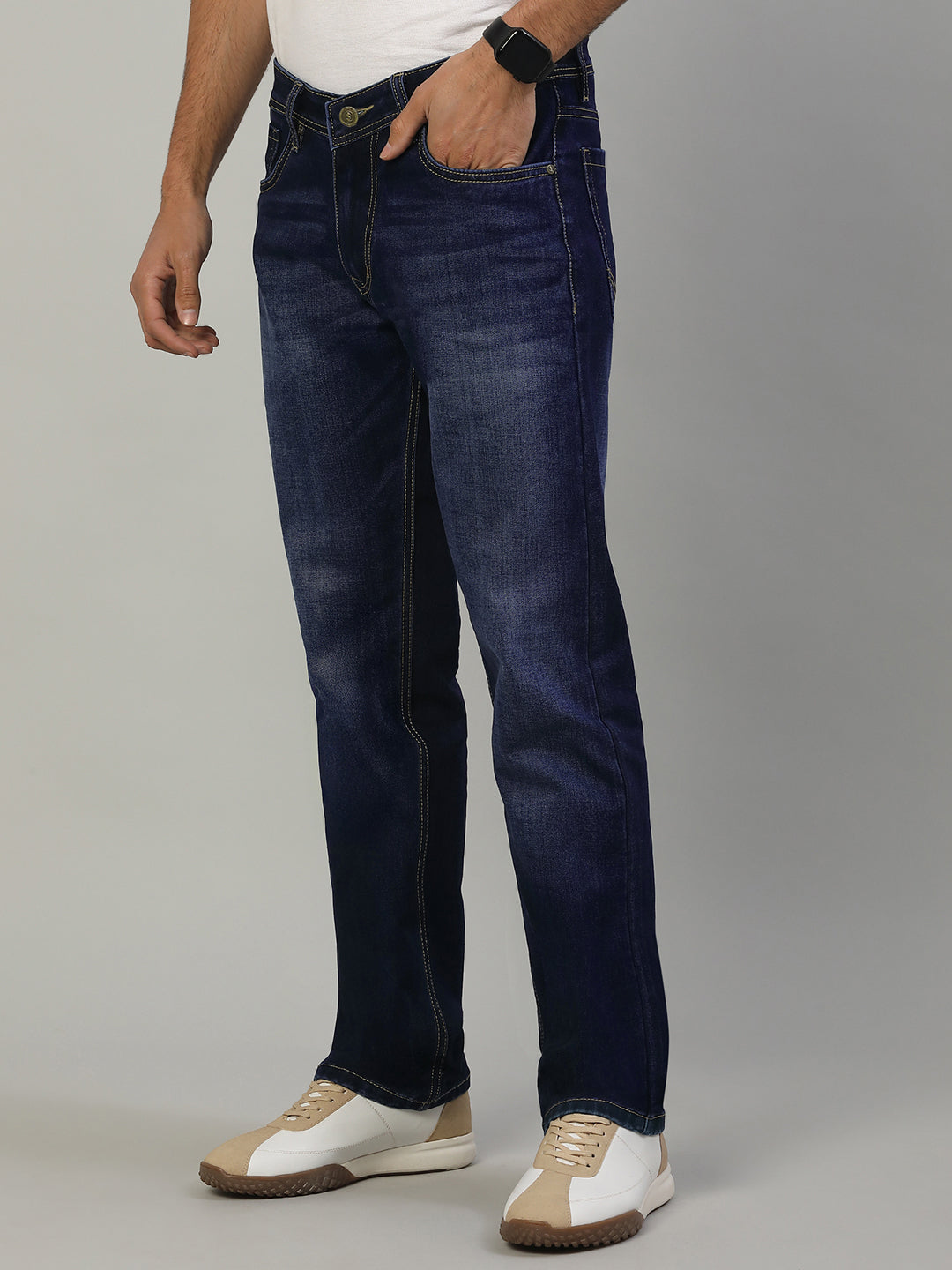 Men Dark Blue Raw Wash Regular Fit Mid-Rise Jeans