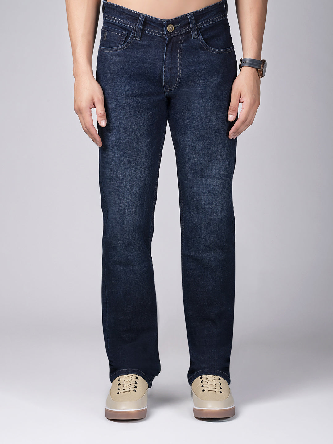 Men's Blue Mid Rise Raw Wash Regular Fit Jeans