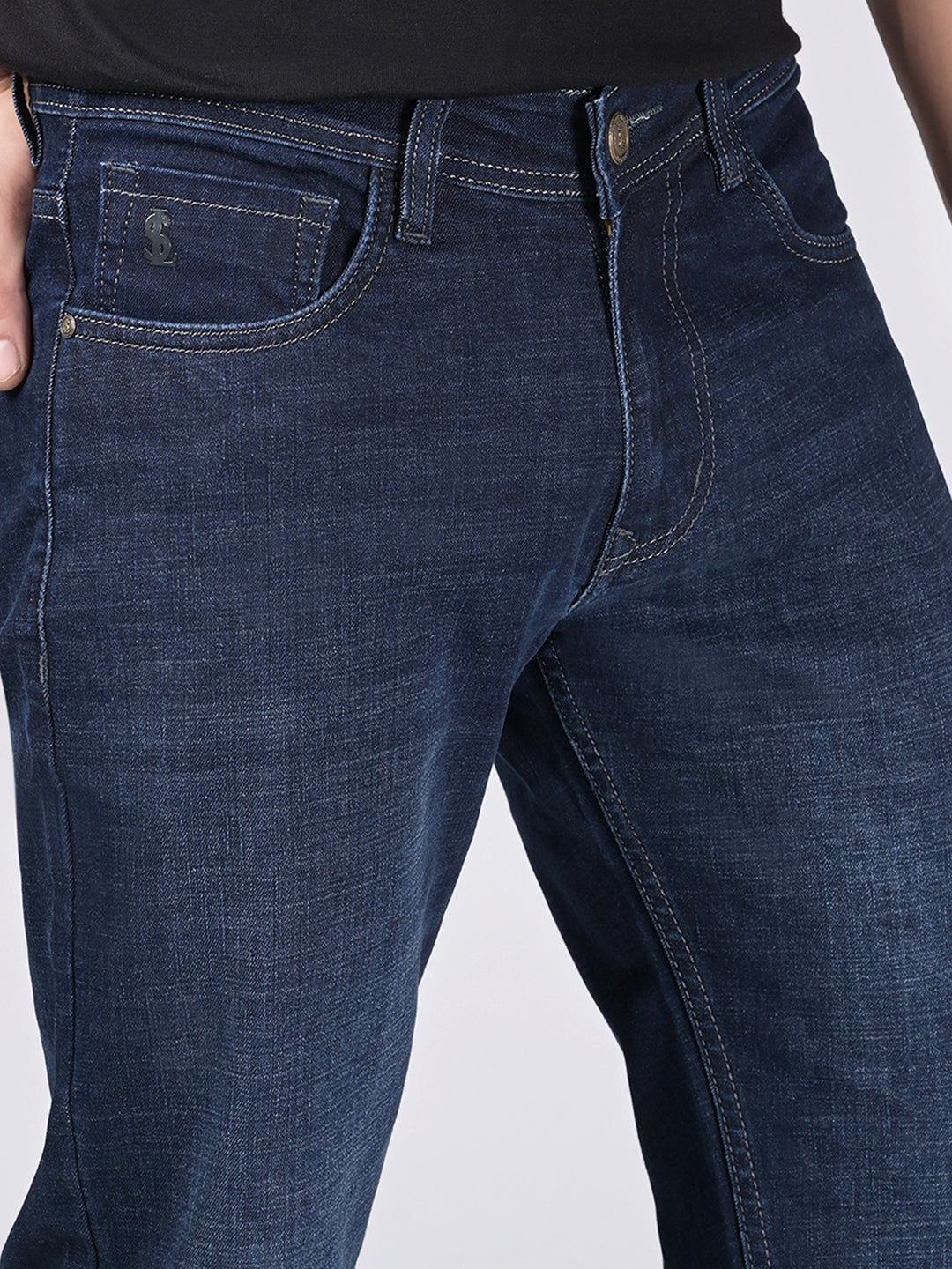 Men's Blue Mid Rise Raw Wash Regular Fit Jeans