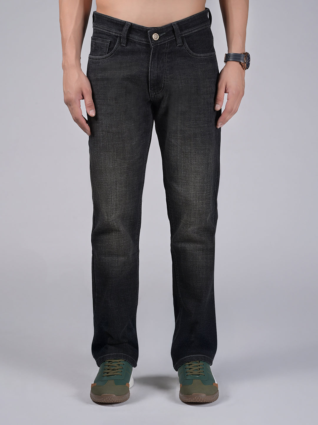 Men's Grey Mid Rise Raw Wash Regular Fit Jeans