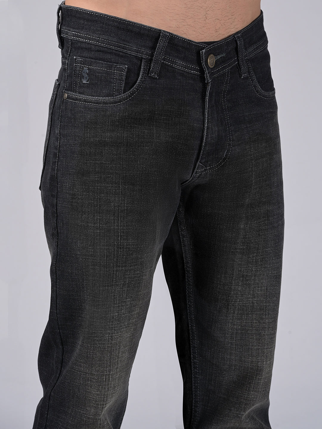 Men's Grey Mid Rise Raw Wash Regular Fit Jeans