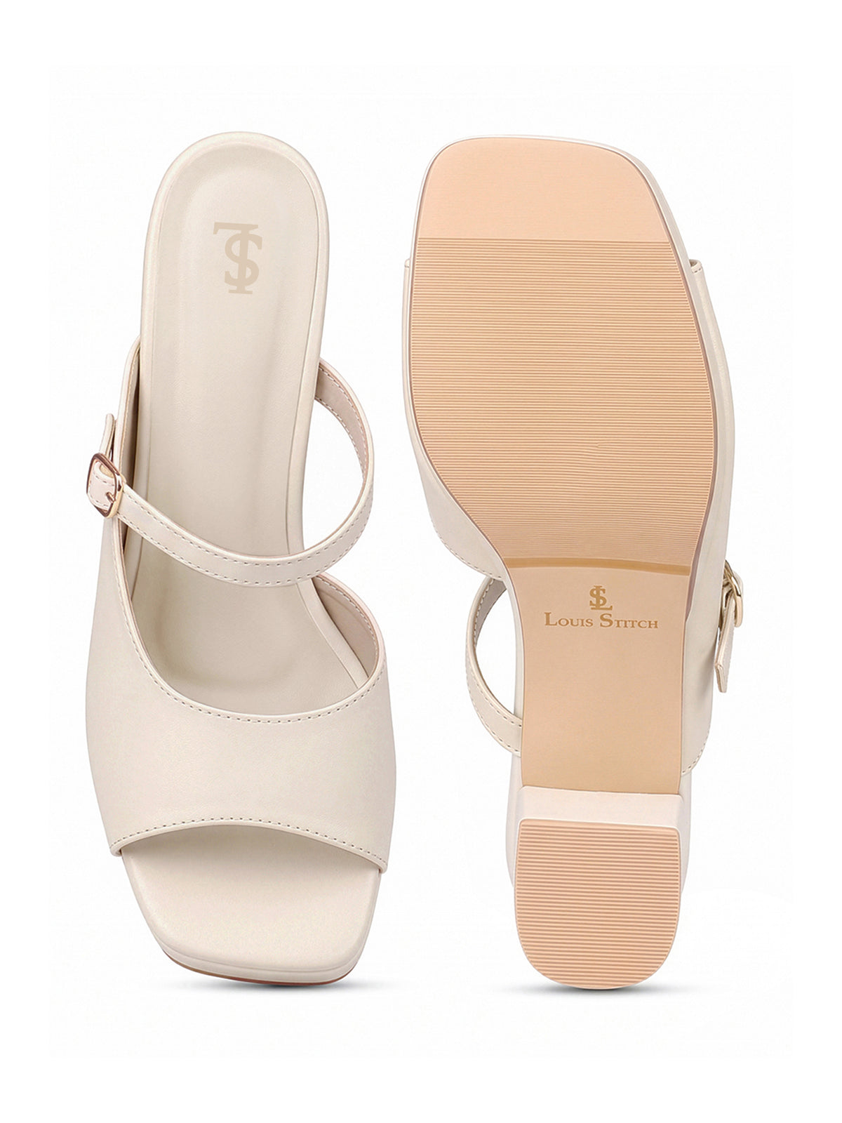 Women's Beige Block Heel Slip-On Sandals