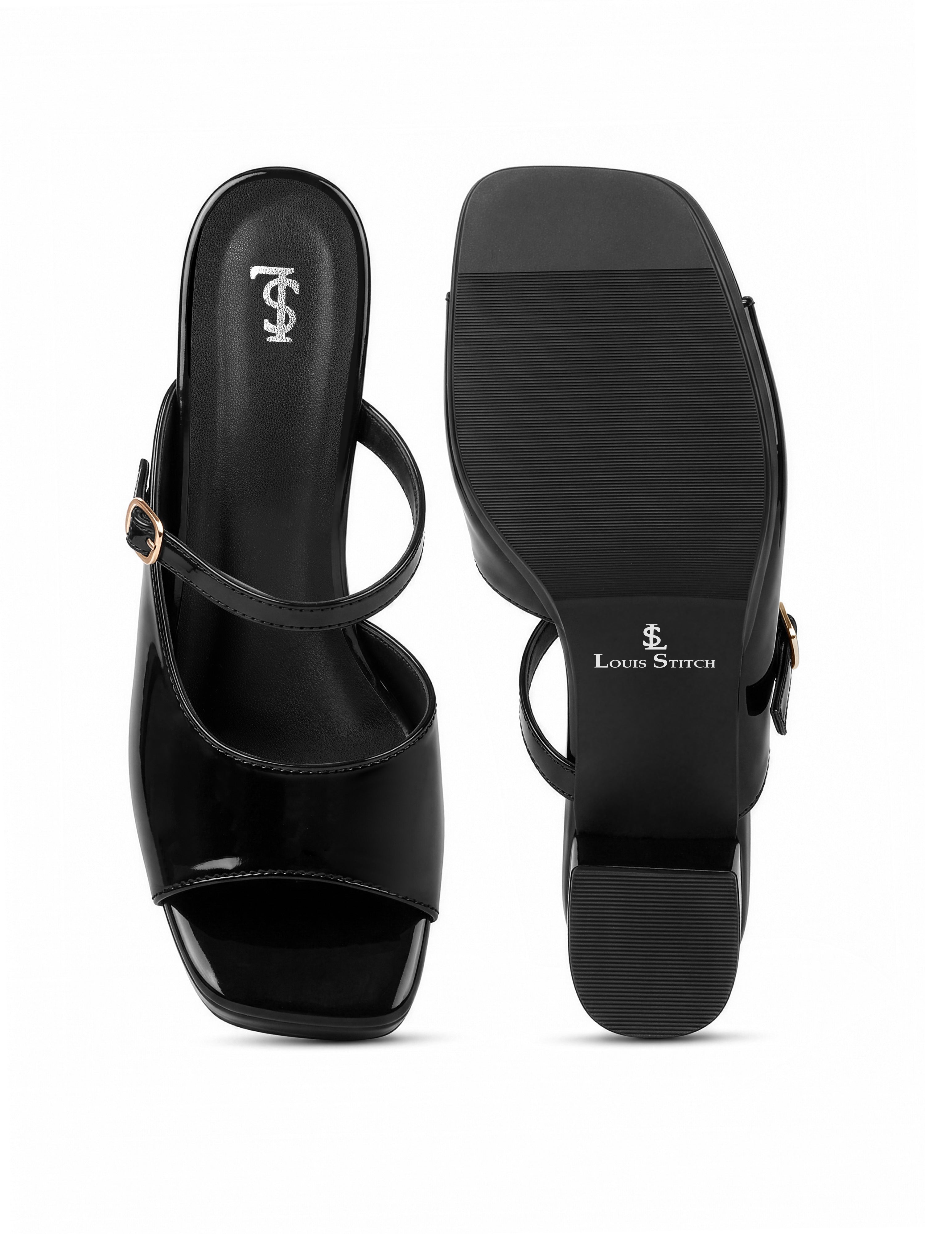 Women's Black Block Heel Slip-On Sandals