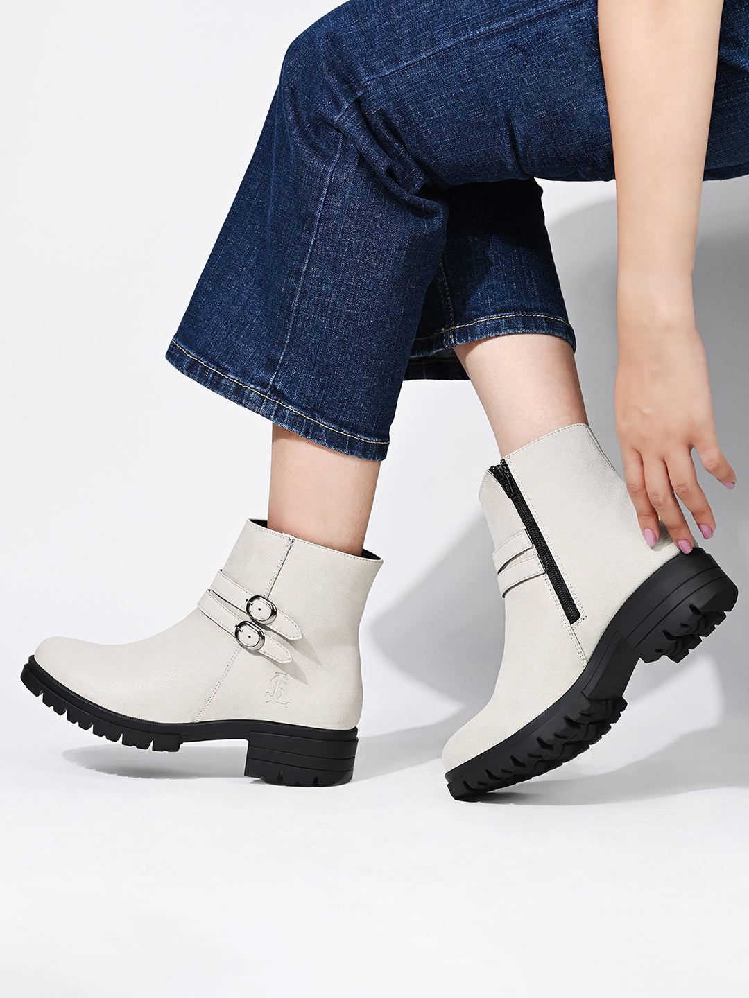 Women's Beige Elegant Mid-Top Double Buckle Slip-On Chelsea Boots