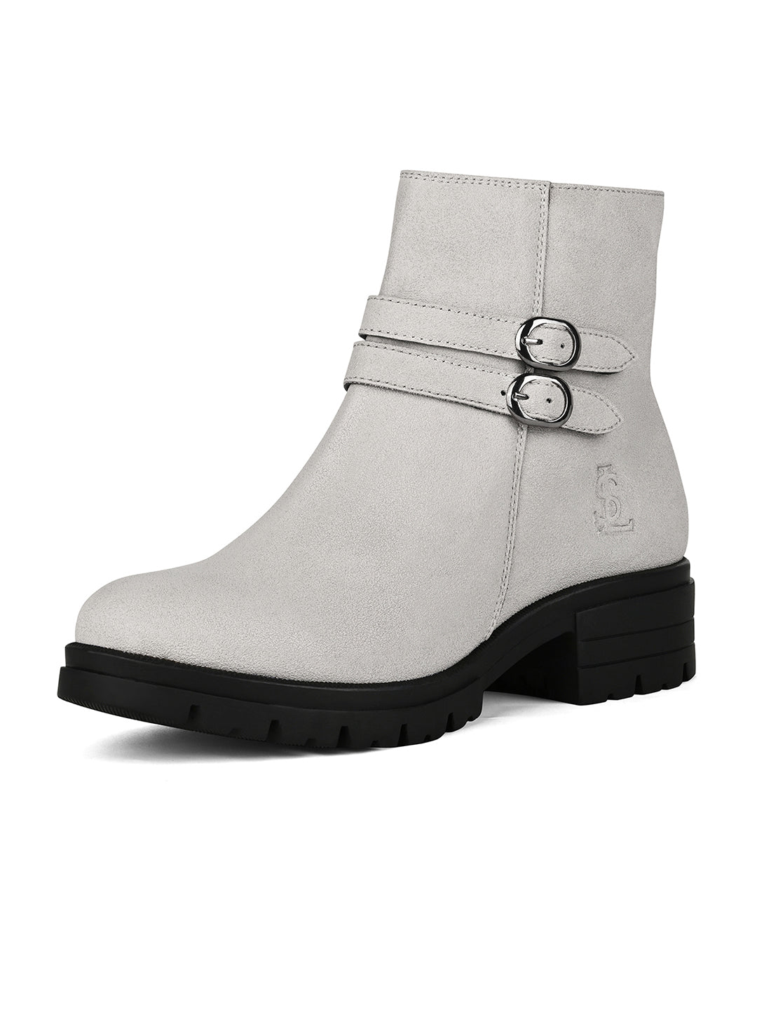 Women's Beige Elegant Mid-Top Double Buckle Slip-On Chelsea Boots