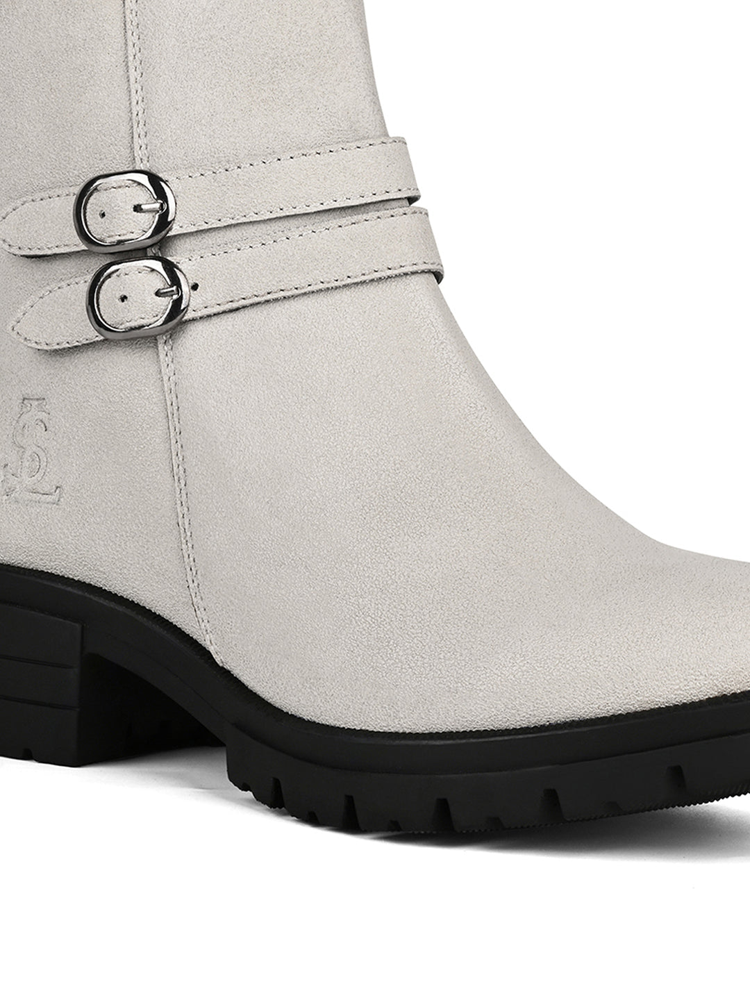 Women's Beige Elegant Mid-Top Double Buckle Slip-On Chelsea Boots