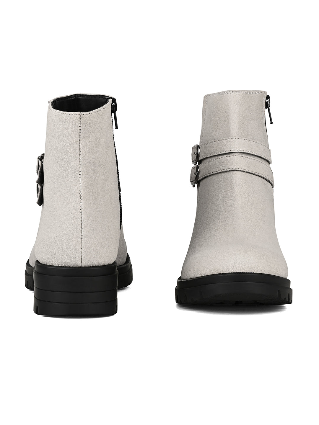 Women's Beige Elegant Mid-Top Double Buckle Slip-On Chelsea Boots