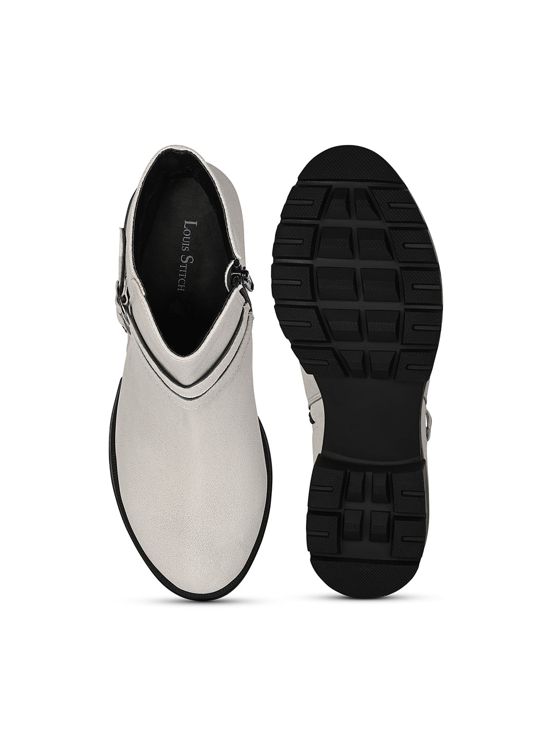 Women's Beige Elegant Mid-Top Double Buckle Slip-On Chelsea Boots