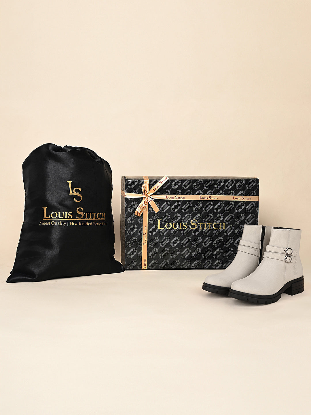 Women's Beige Elegant Mid-Top Double Buckle Slip-On Chelsea Boots