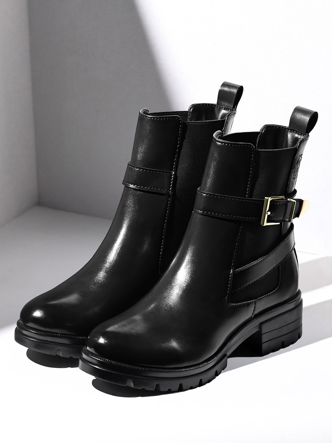 Jet Black High Ankle Slip-On Long Boots with Buckle