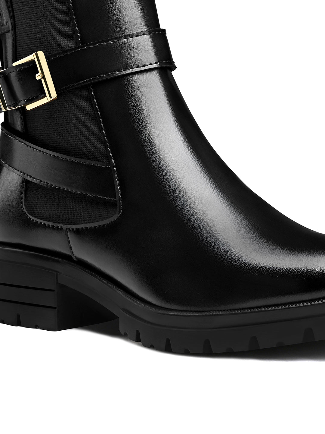 Signature Black High Ankle Slip-On Long Boots with Buckle