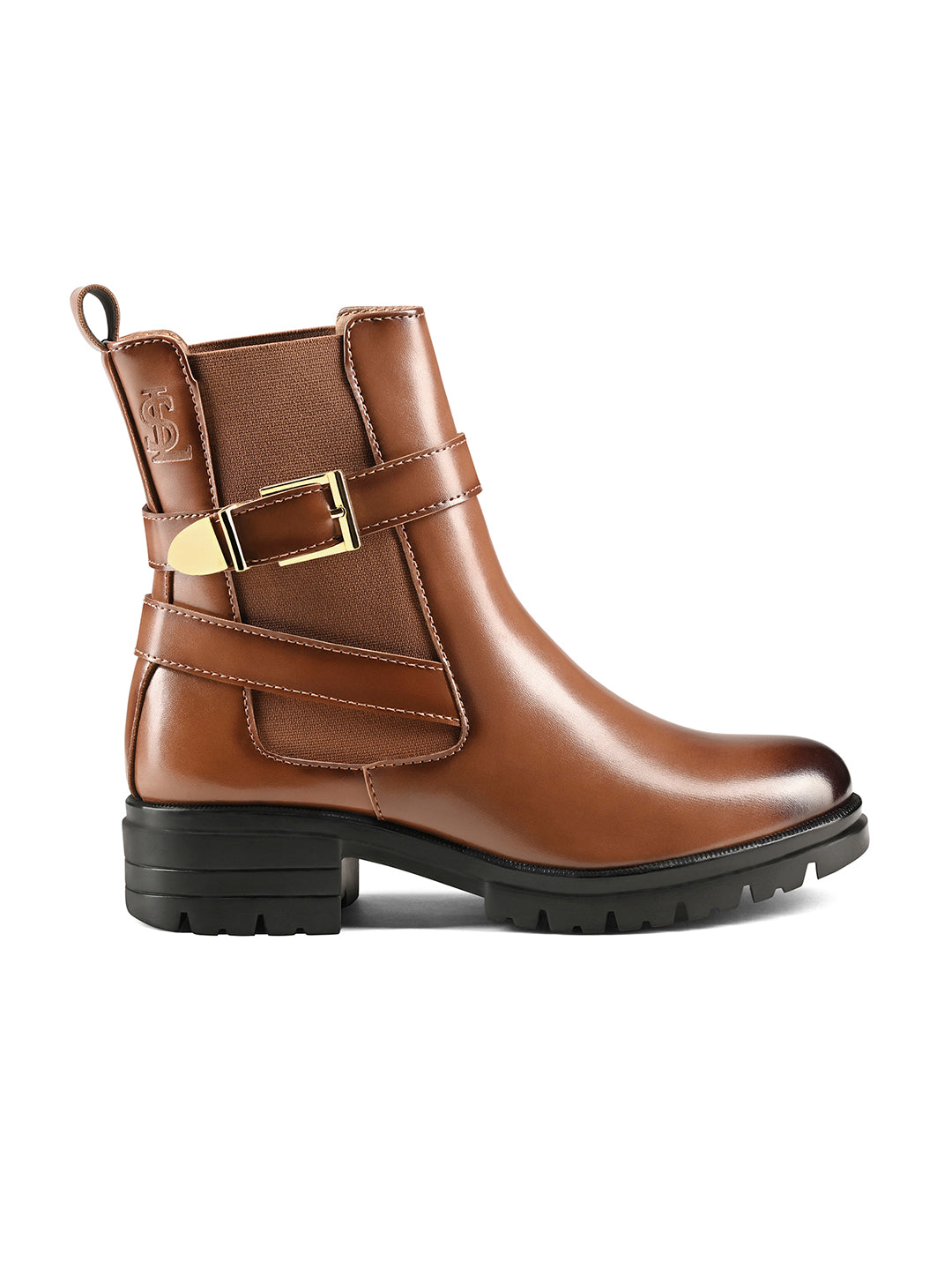 Maple Tan High Ankle Slip-On Long Boots with Buckle