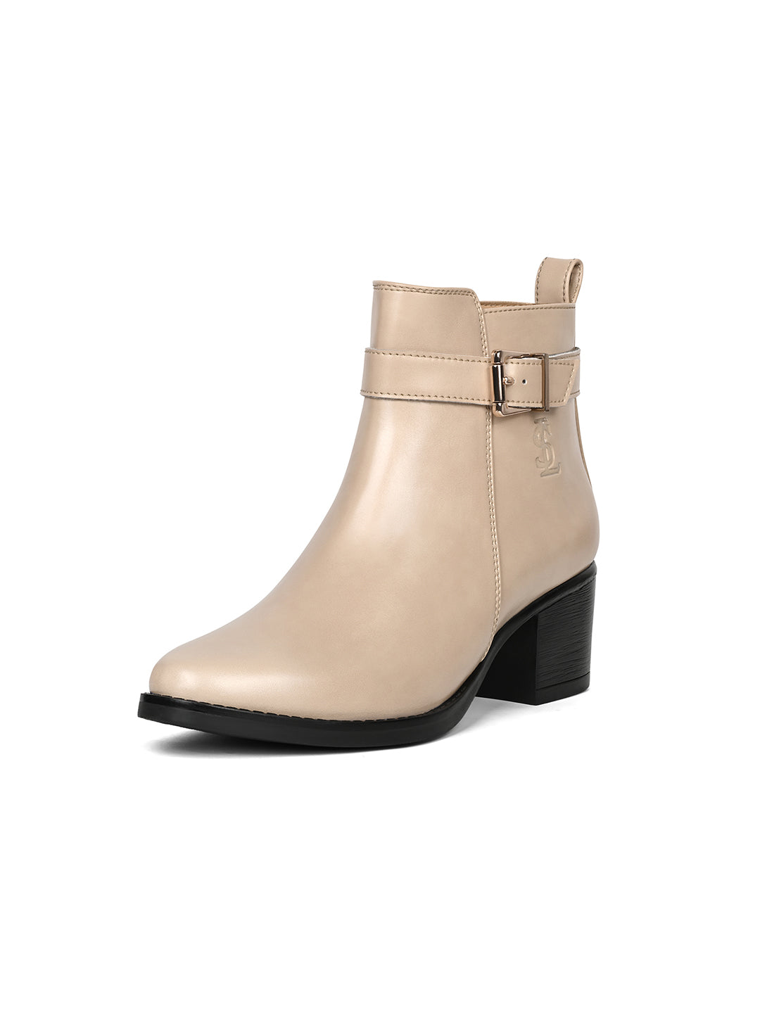 Women's Beige Elegant Mid-Top Neck Belt Buckle Slip-On Chelsea Boots