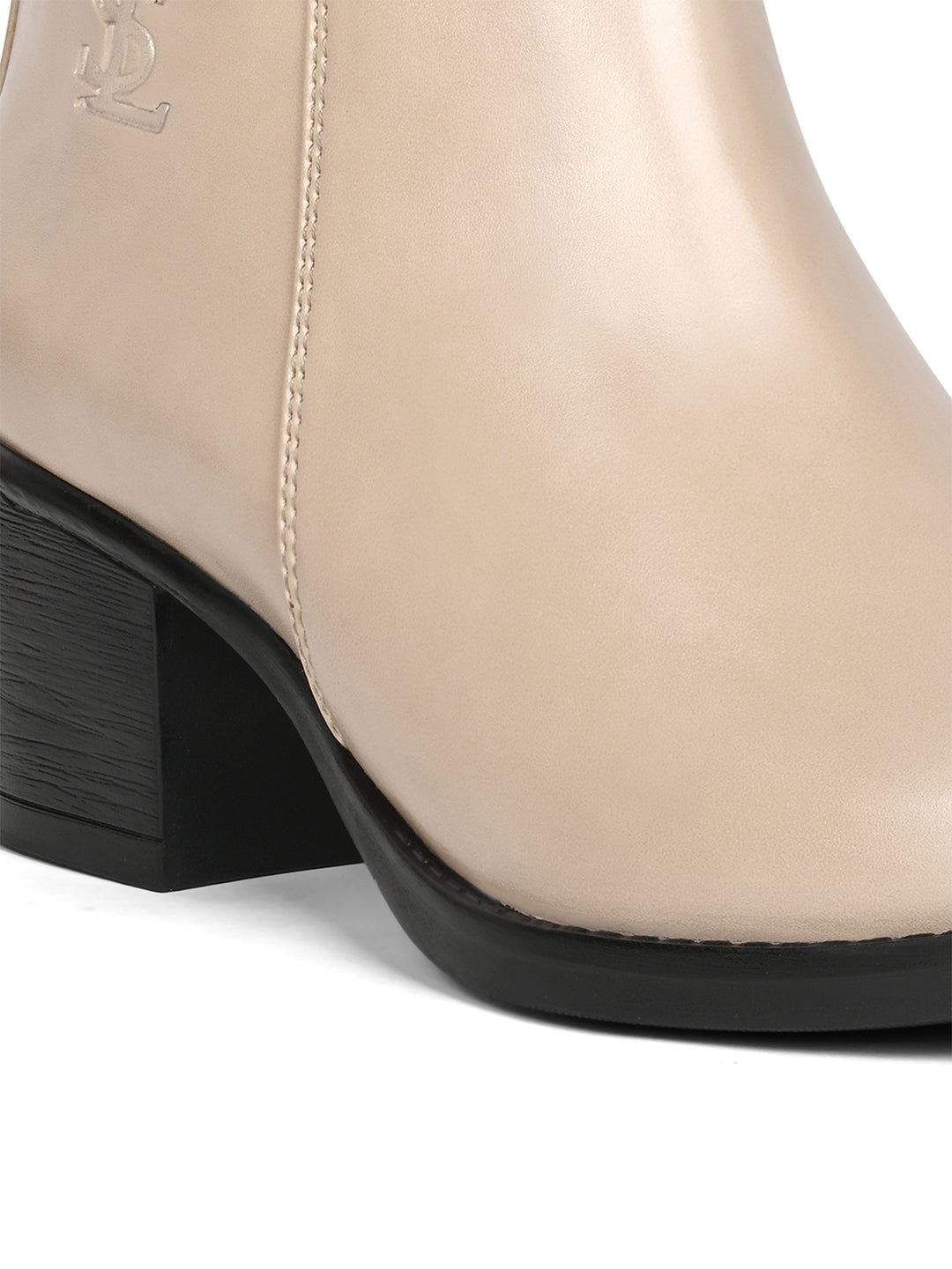 Women's Beige Elegant Mid-Top Neck Belt Buckle Slip-On Chelsea Boots